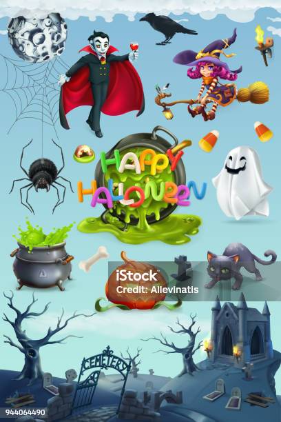 Happy Halloween Pumpkin Spider Cat Witch Vampire And Cemetery Landscape 3d Vector Icon Set Stock Illustration - Download Image Now