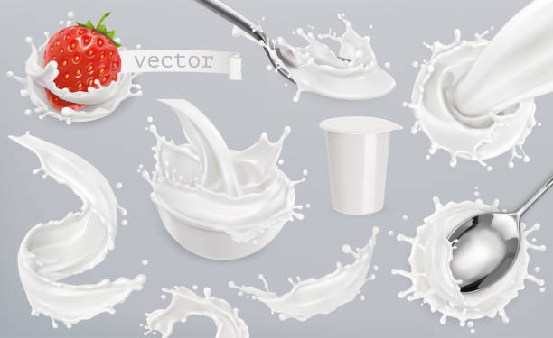 Yogurt, milk splashes. Set 3d vector elements, package design Yogurt, milk splashes. Set 3d vector elements, package design pasteurization stock illustrations