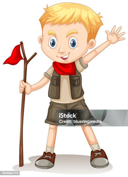 A Cute Boy Scout On White Background Stock Illustration - Download Image Now - Adult, Adventure, Art