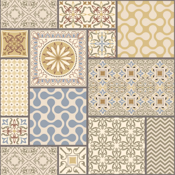 illustrations, cliparts, dessins animés et icônes de tuile sans couture patchwork avec victorien motifs aux couleurs rétro - tile tiled floor bathroom backgrounds