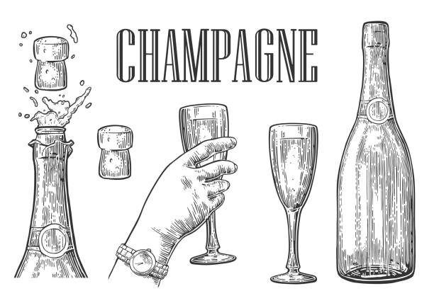 explosion der flasche champagner und hand halten glas. - cork stock-grafiken, -clipart, -cartoons und -symbole