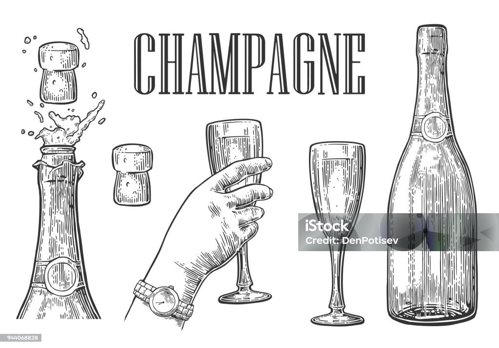 Bottle of Champagne explosion and hand hold glass. Bottle of Champagne explosion and hand hold glass. Vintage vector engraving illustration for web, poster, invitation to beer party. Hand drawn design element isolated on white background. Champagne stock vector