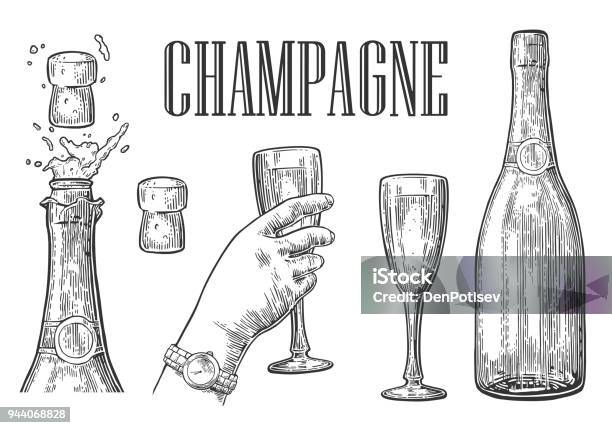 Bottle Of Champagne Explosion And Hand Hold Glass Stock Illustration - Download Image Now - Champagne, Drawing - Activity, Bottle