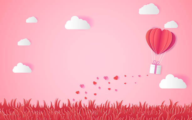 istock valentine day Love, with heart float on the sky.paper art ,balloon flying over grass vector illustration 944069234