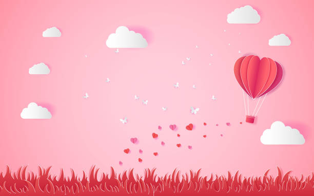 istock valentine day Love, with heart float on the sky.paper art ,balloon flying over grass vector illustration 944069236
