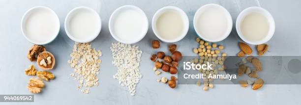 Assortment Of Organic Vegan Non Diary Milk Stock Photo - Download Image Now - Milk, Choice, Drink