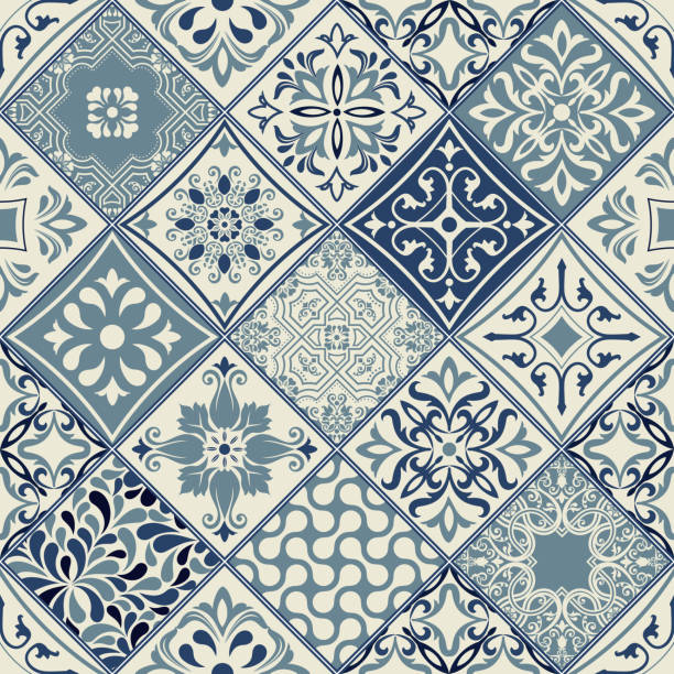 вектор узора плитки с диагональными синими и белыми цветами - spanish culture pattern tile backgrounds stock illustrations