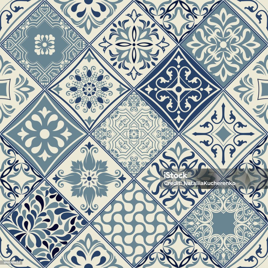 Tiles pattern vector with diagonal blue and white flowers Pattern stock vector
