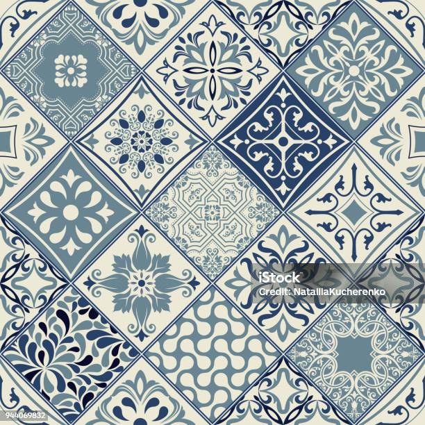 Tiles Pattern Vector With Diagonal Blue And White Flowers Stock Illustration - Download Image Now