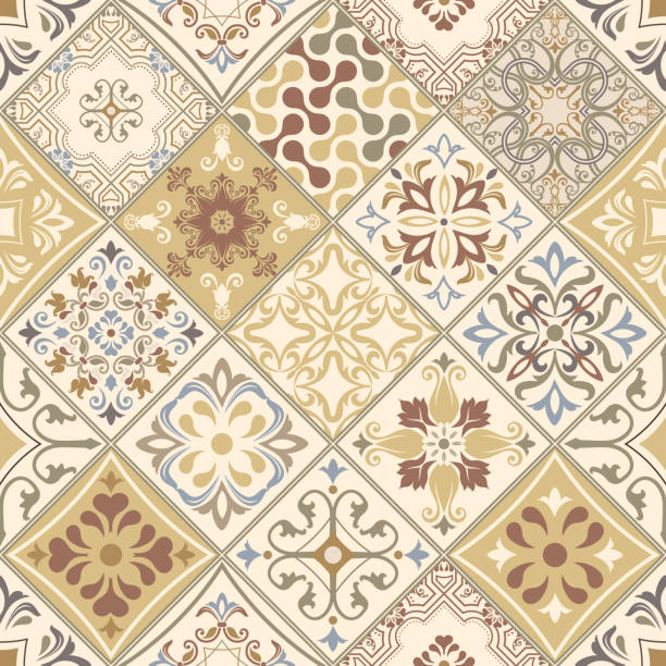 seamless patchwork tile with Victorian motives in retro colors vector art illustration