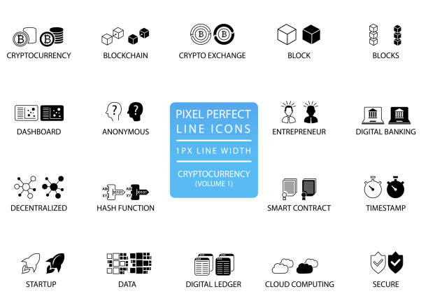 kuvapankkikuvitukset aiheesta kryptovaluutta (bitcoin, ethereum) ohutviivainen vektorikuvakesarja. pixel täydelliset kuvakkeet, joissa on 1 px viivan leveys optimaalisen sovelluksen ja verkon käytön saavuttamiseksi - ethereum