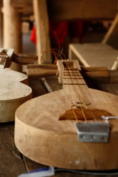 small hand crafted teak wood guitars being sold at a village market in Northern Thailand, Southeast Asia