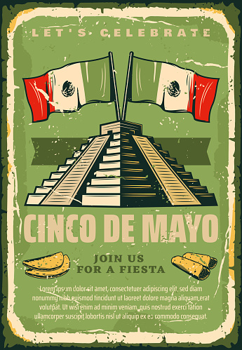 Cinco de Mayo sketch retro poster for Mexican holiday greeting card or fiesta invitation. Vector Cinco de Mayo vintage design of Mexico flag on Maya or Aztec pyramid, burrito and tacos quesadilla