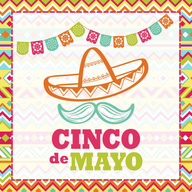 Celebrate Cinco De Mayo with papel picado, sombrero and mustache on the folk art pattern for the fiesta