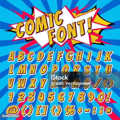 istock Comic font vector cartoon alphabet letters in pop art style and alphabetic text icons for typography illustration alphabetically typeset of abc and numbers on popart background 944076940