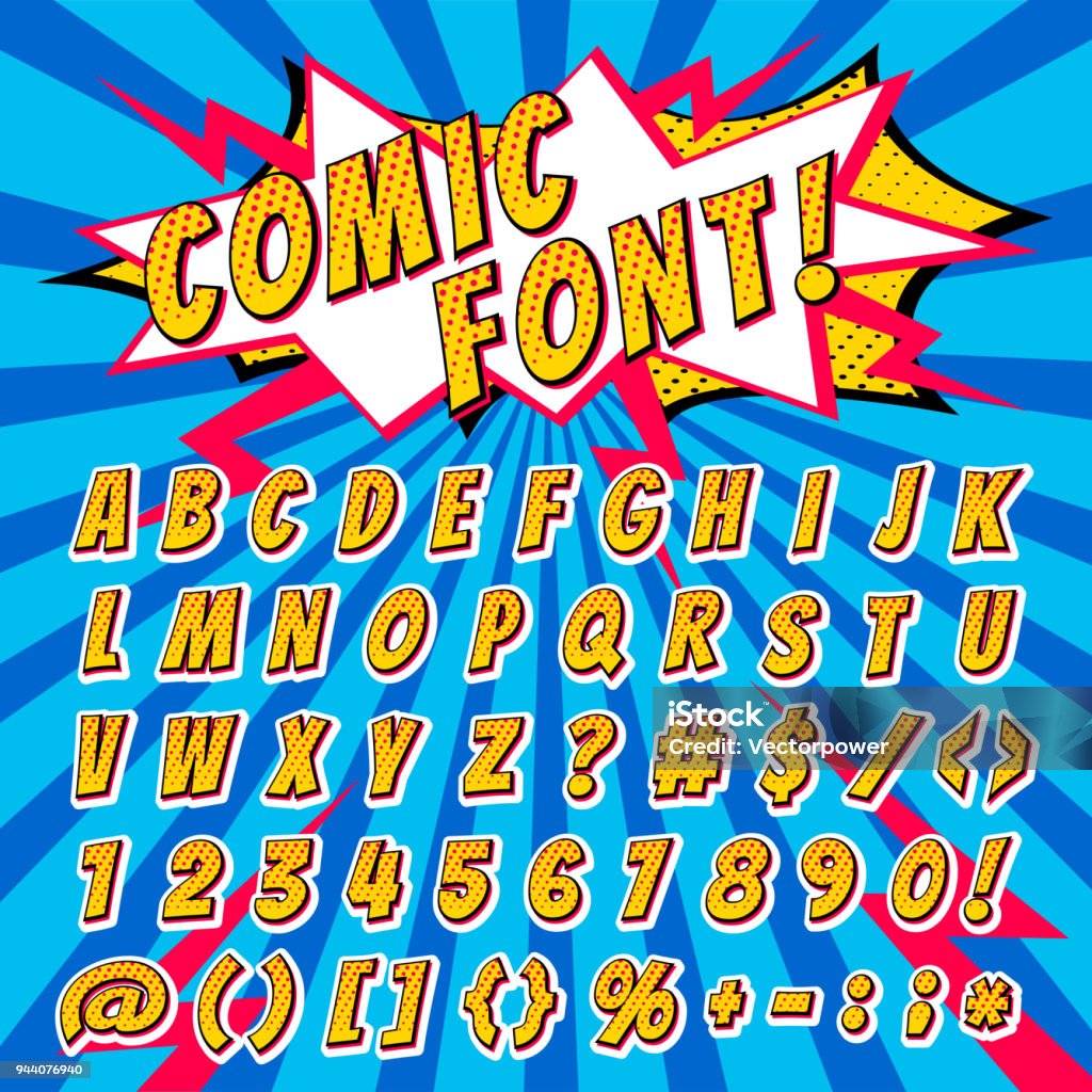 Comic font vector cartoon alphabet letters in pop art style and alphabetic text icons for typography illustration alphabetically typeset of abc and numbers on popart background Comic font vector cartoon alphabet letters in pop art style and alphabetic text icons for typography illustration alphabetically typeset of abc and numbers on popart background. Typescript stock vector