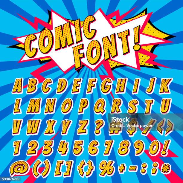 Comic Font Vector Cartoon Alphabet Letters In Pop Art Style And Alphabetic Text Icons For Typography Illustration Alphabetically Typeset Of Abc And Numbers On Popart Background Stock Illustration - Download Image Now