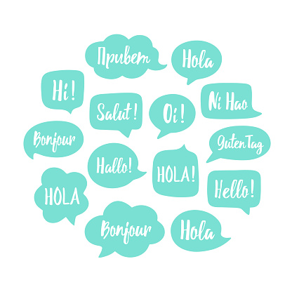 Trendy color speech bubbles set with word hello in different languages: hi, salut, hallo, bonjour, hola etc. Communication with people from different countries concept. Vector illustration in circle.