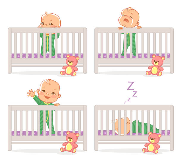 Little baby in crib. Baby boy stand in his bed.  kid with different emotions. Scared, curious, crying, happy child. Sleeping at night. Time before sleep. Vector illustration. Babies Only stock illustrations