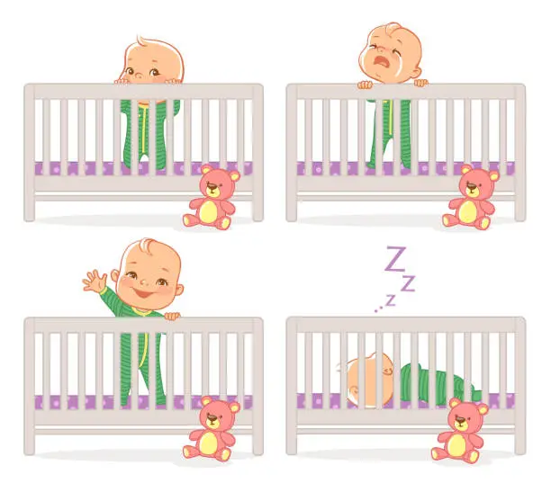Vector illustration of Little baby in crib.