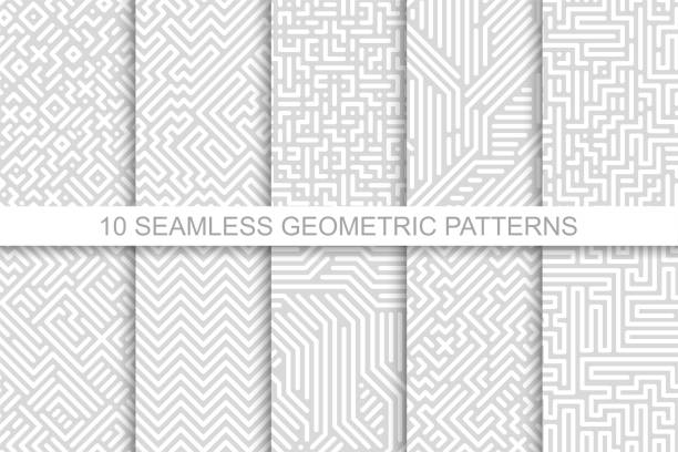 sammlung von nahtlosen geometrischen mustern - gestreift grau design. vektor digitalen hintergründe - labyrinth stock-grafiken, -clipart, -cartoons und -symbole