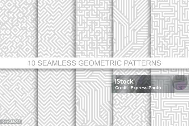 Collection Of Seamless Geometric Patterns Gray Striped Design Vector Digital Backgrounds Stock Illustration - Download Image Now