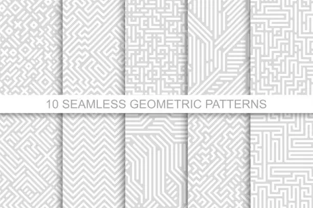 Vector illustration of Collection of seamless geometric patterns - gray striped design. Vector digital backgrounds