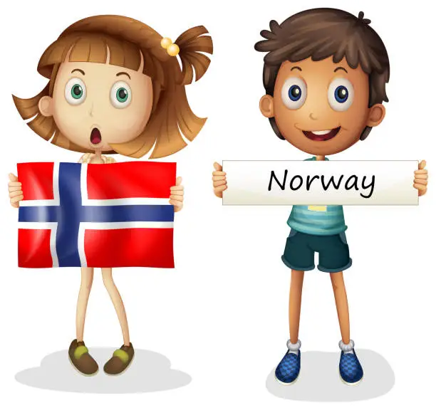 Vector illustration of Boy and girl with flag of Norway