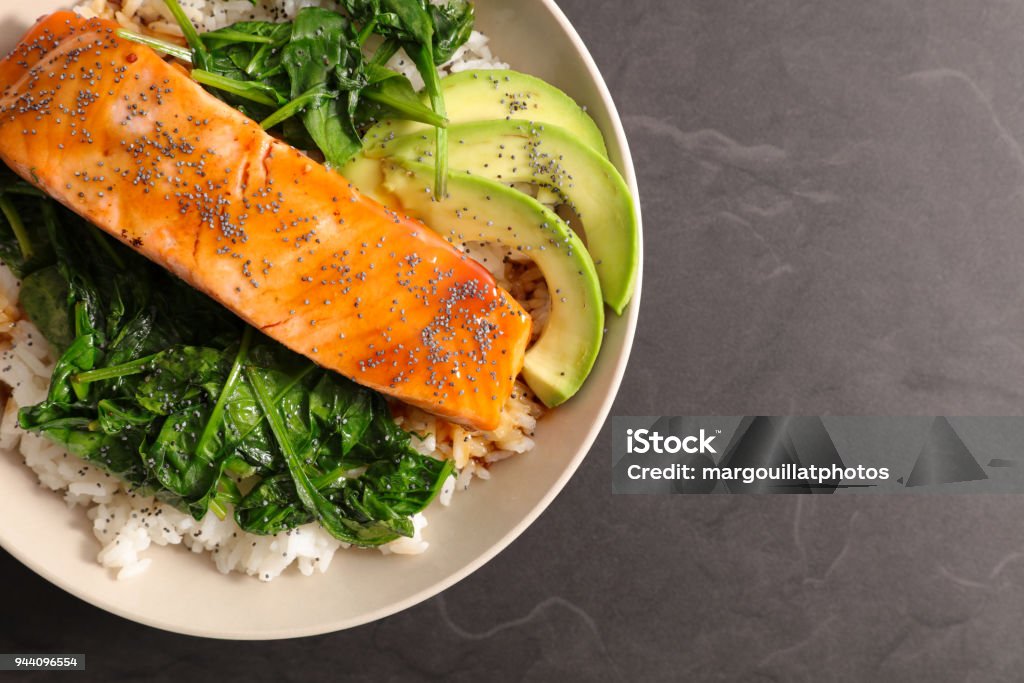 salmon fillet, rice and vegetable Salmon - Seafood Stock Photo