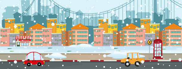 scena w tle ze śniegiem w mieście - street snow urban scene residential district stock illustrations