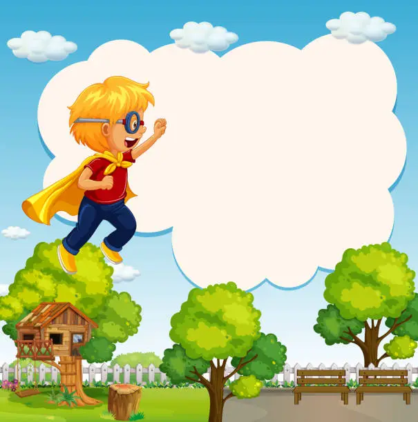Vector illustration of Border template with boy dressed in hero costume