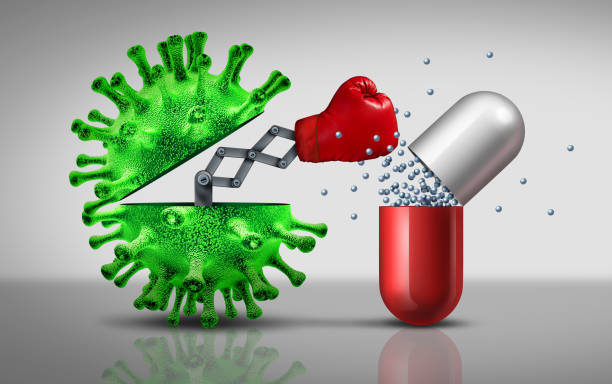 Antibiotic Resistant Virus Antibiotic resistant virus as a deadly mutated viral cell attacking a pharmaceutical pill with a punch as a medical pathology disease risk as a 3D illustration antibiotic resistant photos stock pictures, royalty-free photos & images
