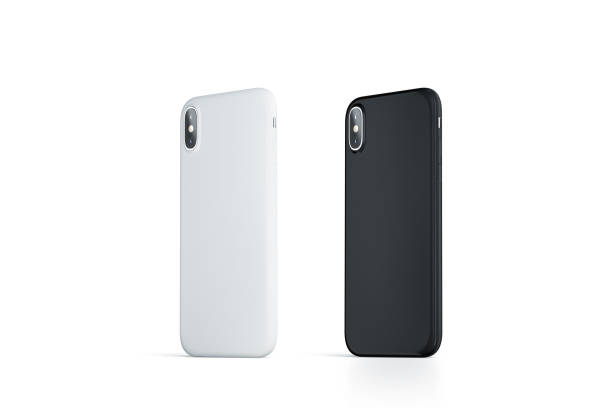 istock Blank black and white phone case mock up, stand right side isolated 944107340