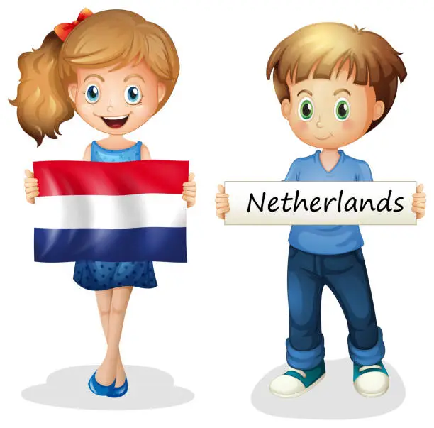 Vector illustration of Boy and girl with flag of Netherlands