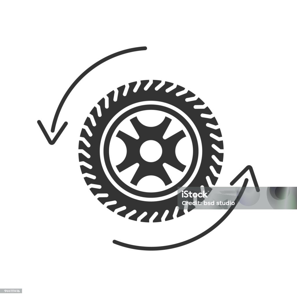 Automobile wheel changing glyph icon Automobile wheel changing glyph icon. Vector silhouette. Car tire with circle arrow Tire - Vehicle Part stock vector