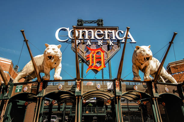 Exterior Of comerica Park Stadium Detroit, Michigan, USA - March 20. 2018: Entrance to Comerica Park in downtown Detroit. The stadium is home to the Major League Baseball team Detroit Tigers and replaced Tiger Stadium in the year 2000. major league baseball stock pictures, royalty-free photos & images