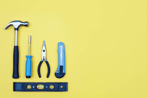 istock Toolbox set of tools. Home improvement concept on yellow background 944137966