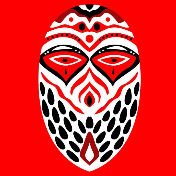 Vector illustration of Tribal ethnik mask. Black and white and red illustration on red background