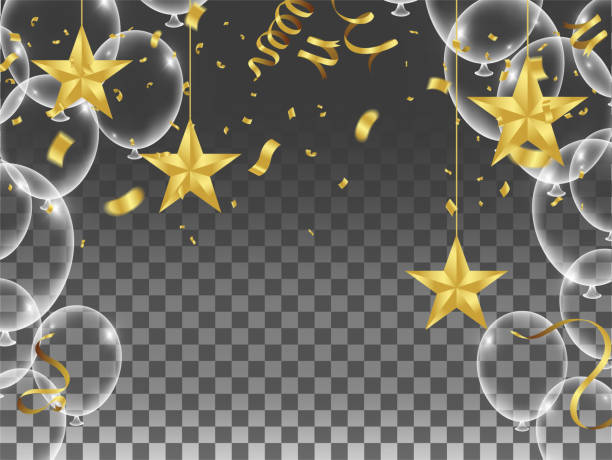 konfetti i ustawić wstążki. kilka ilustracji urodziny przezroczyste balon izolowane. balony w kształcie gwiazdy. urodziny - balloon helium balloon mylar star shape stock illustrations