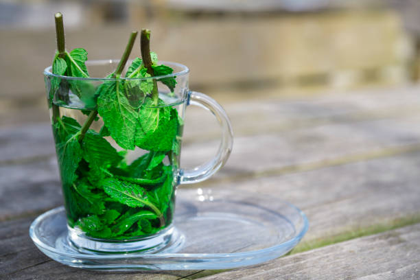 istock tea with fresh mint leaves in glass, on wooden table 944143002