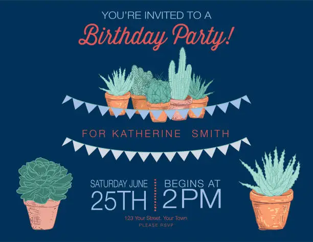 Vector illustration of Cute Hand Drawn Cactus Party Invitation