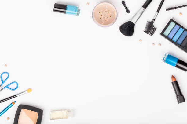 istock set of professional decorative cosmetics, makeup tools and accessory on white background with copy space for text. beauty, fashion, party and shopping concept. flat lay frame composition, top view 944152338
