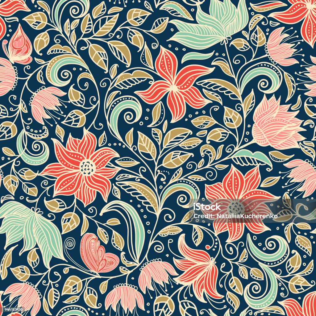 Seamless vector pattern with abstract wildflowers and berries. Texture for fabric, wrapping paper, wallpaper, etc Floral Pattern stock vector