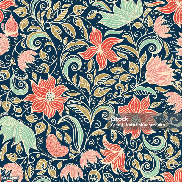 Seamless Vector Pattern With Abstract Wildflowers And Berries Texture For Fabric Wrapping Paper Wallpaper Etc Stock Illustration - Download Image Now