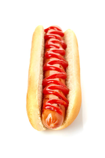 istock Hot dog with grilled sausage and ketchup on white 944159042