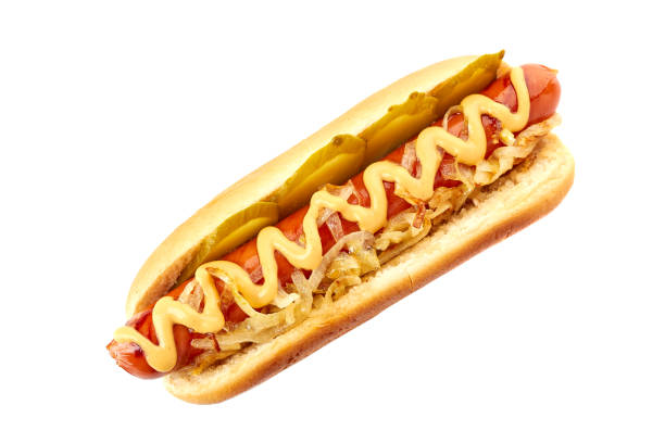 istock Hot dog with fried onion and cucumbers on white 944159198