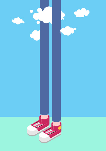 Long legs man and clouds. Tall man. Sneakers Isometrics Style