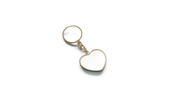 Blank golden white heart key chain mock up side view, 3d rendering