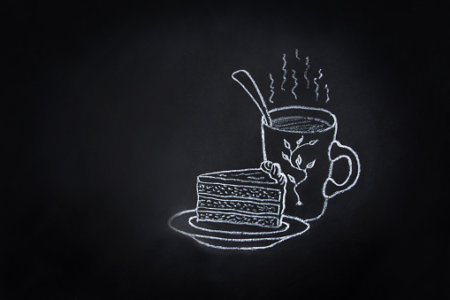 Layered Carrot Cake with Cream Cheese Frosting on Plate Mug of Hot Piping Coffee Tea. Freehand Chalk Crayon Drawing on Blackboard. Sketch Doodle Style Food Poster Banner Template