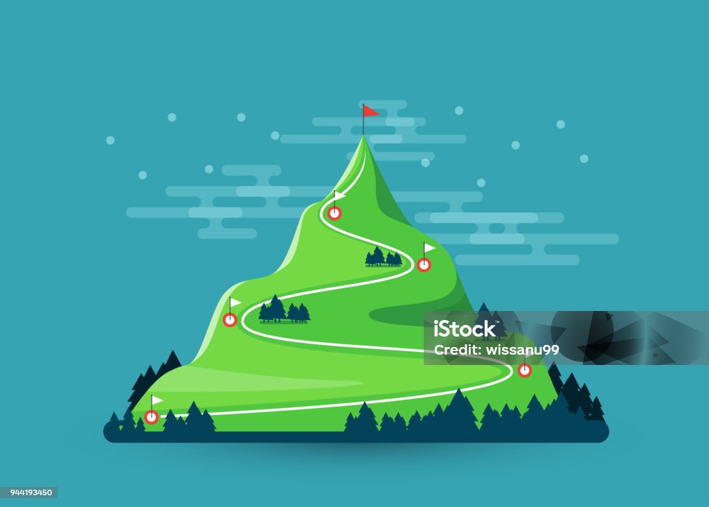 Trail to target. Climbing hiking. Flag on the mountain peak. Way to successful Business. Vector illustration Mountain stock vector